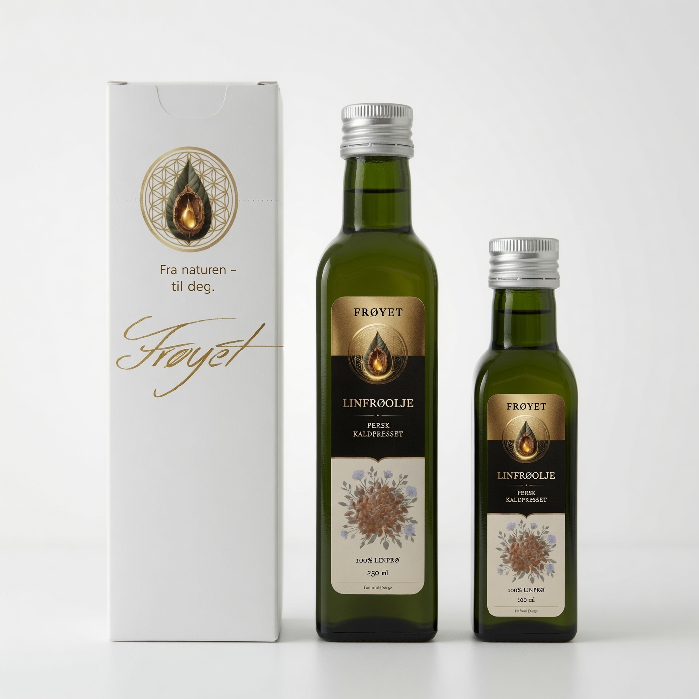 Frøyet hørfrøolie i 250 ml og 100 ml flaske, ved siden af æsken